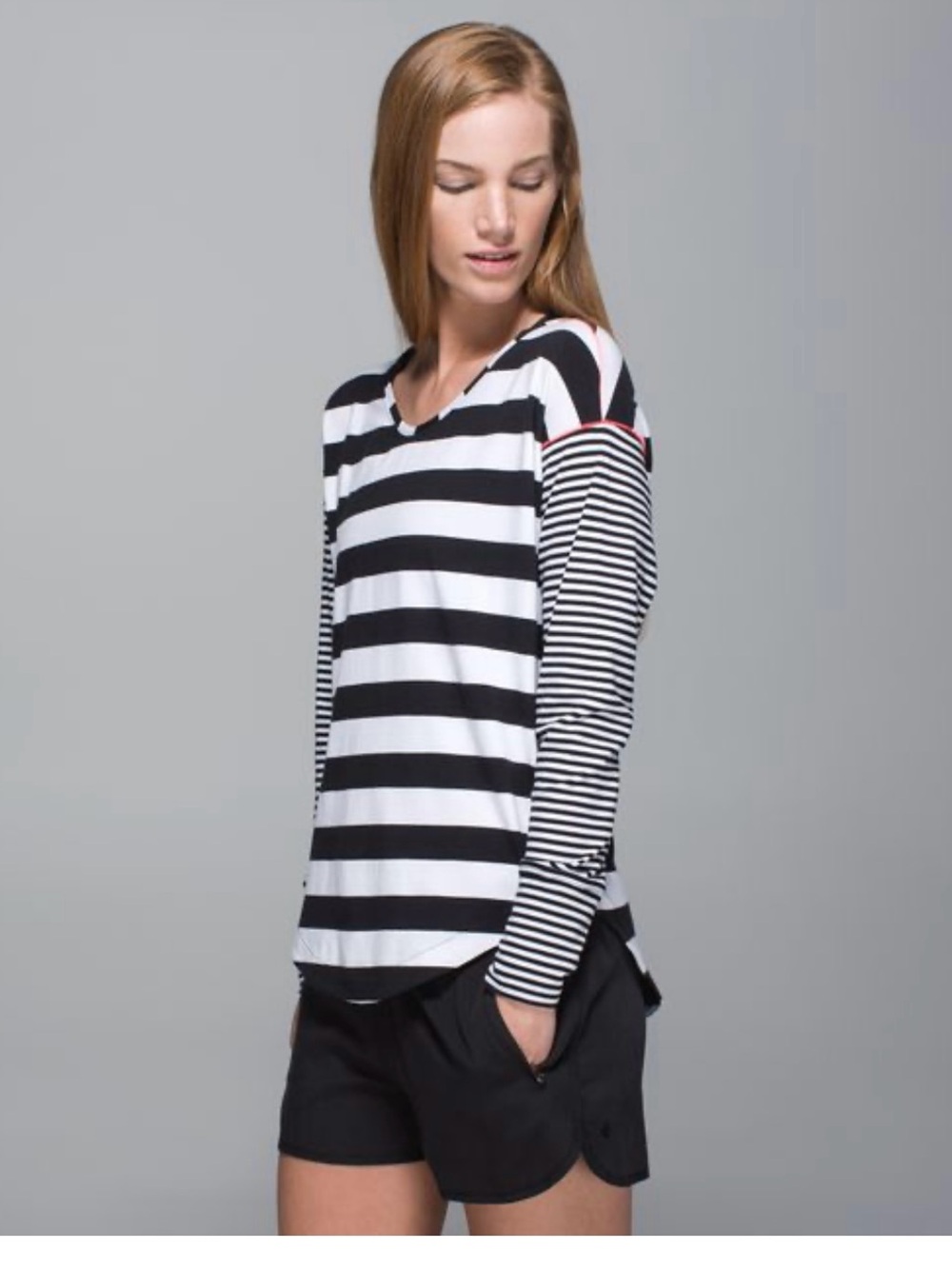 lululemon athletica Black, White & Red Striped V-Neck Long Sleeve Top